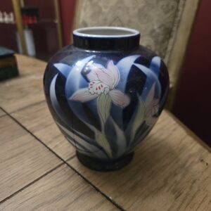 Japanes Floral Ceramic Vase with Blue and Pink Design